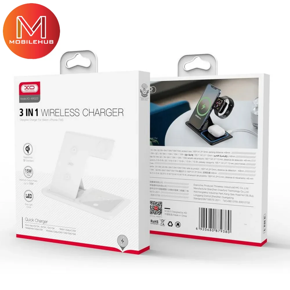 XO- WX-023 3 in 1 Wireless Charger for Phones, Watches, Bluetooth Earphones (White)