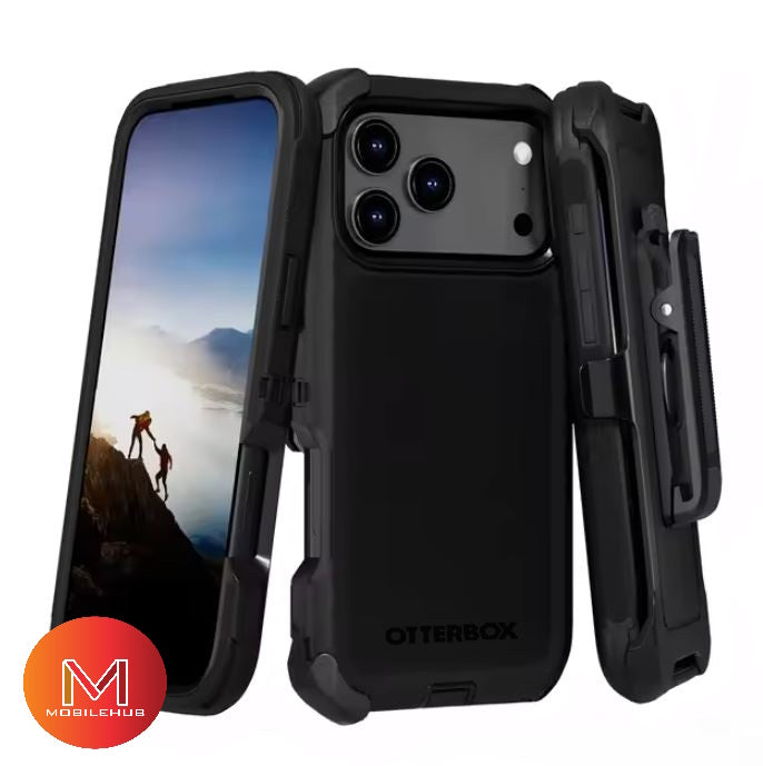 iPhone 17 / 17 Air / 17 Pro / 17 Pro Max Defender OtterBox Shockproof Case With Belt Clip Holster (Black / Orange)