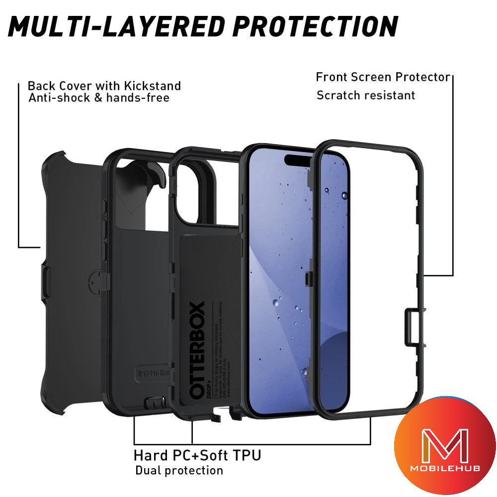 iPhone 17 / 17 Air / 17 Pro / 17 Pro Max Defender OtterBox Shockproof Case With Belt Clip Holster (Black / Orange)