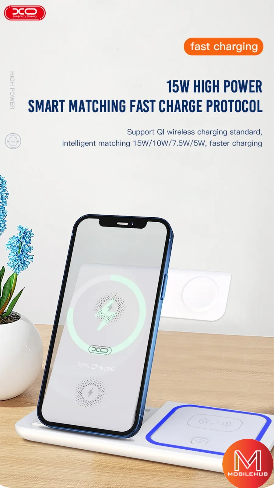 XO- WX-023 3 in 1 Wireless Charger for Phones, Watches, Bluetooth Earphones (White)