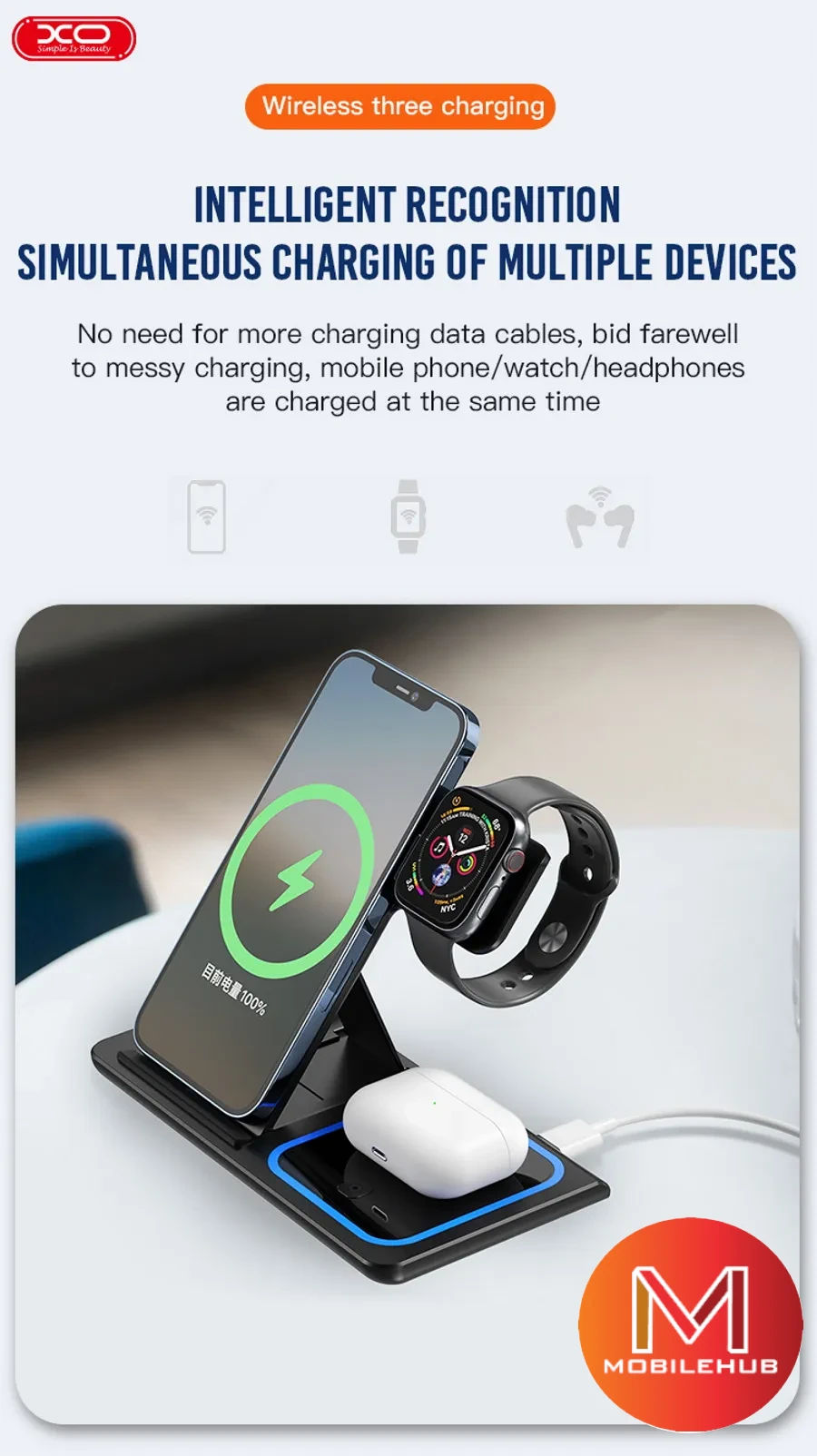 XO- WX-023 3 in 1 Wireless Charger for Phones, Watches, Bluetooth Earphones (White)