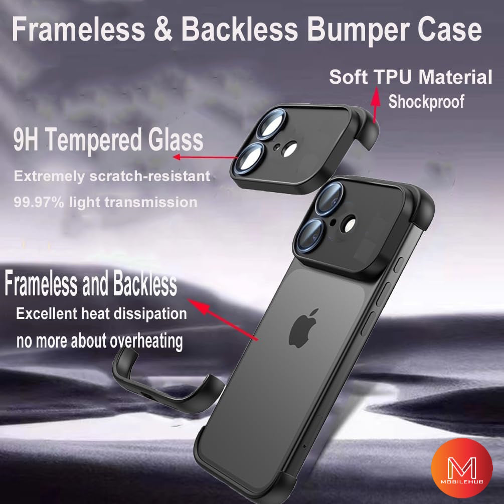 iPhone 17 / 17 Pro / 17 Pro Max Frameless and Backless Bumper Case with Camera Lens Protector