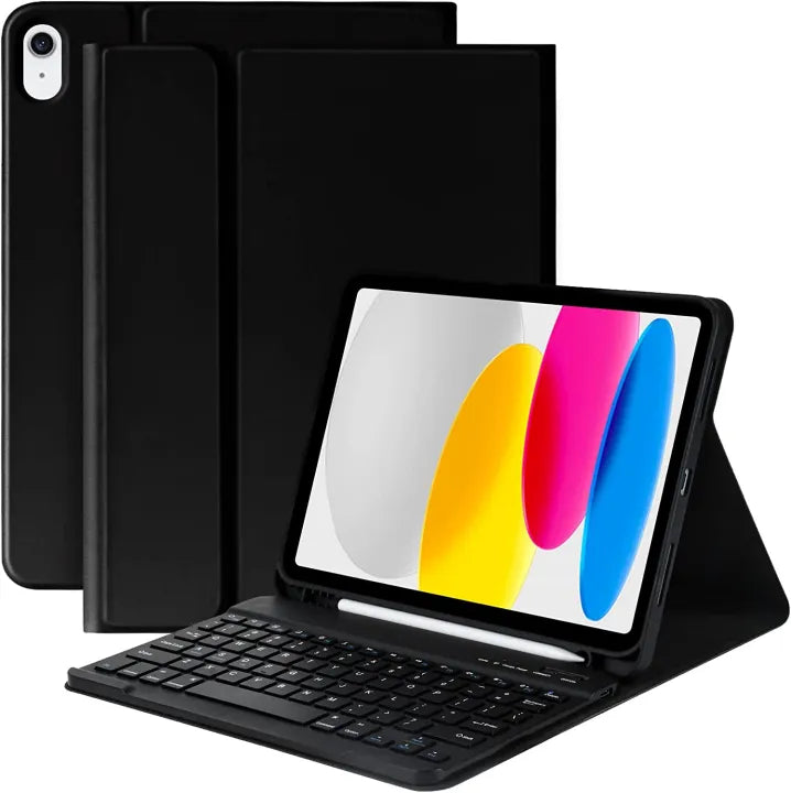 iPad 7th Gen / 8th Gen / 9th Gen 10.2" Premium Bluetooth Keyboard with Leather Case and Pen Holder (Black) iPad 10th Gen 10.9"