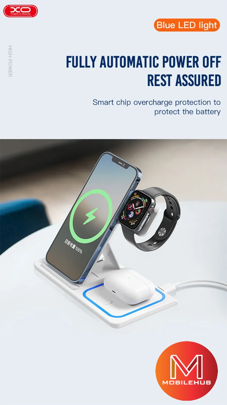 XO- WX-023 3 in 1 Wireless Charger for Phones, Watches, Bluetooth Earphones (White)