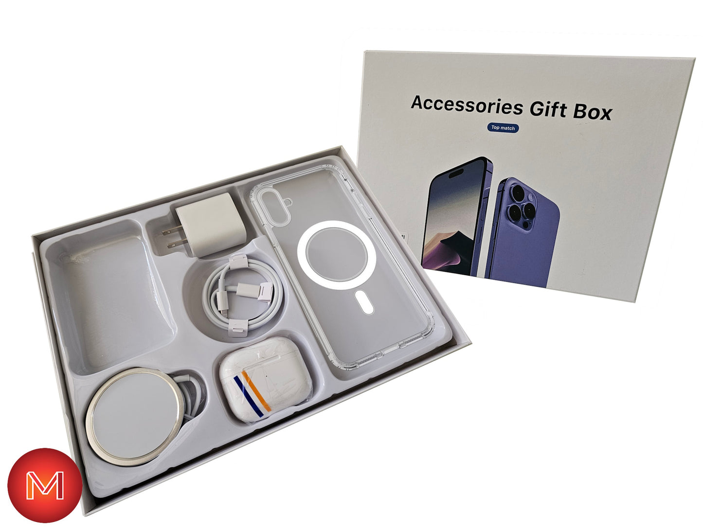 iPhone Accessories Gift Box with Power Adapter, Cable, Magnetic Charger, and Earpods (iPhone XS, 11, 12, 13, 14, 15, 16)