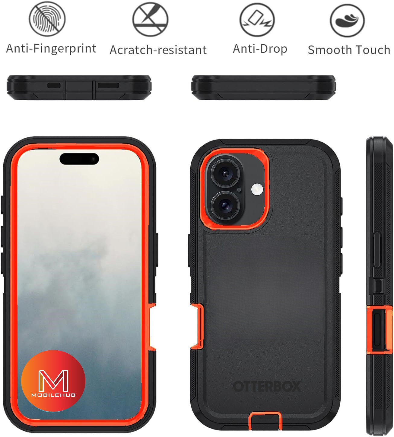 iPhone 17 / 17 Air / 17 Pro / 17 Pro Max Defender OtterBox Shockproof Case With Belt Clip Holster (Black / Orange)