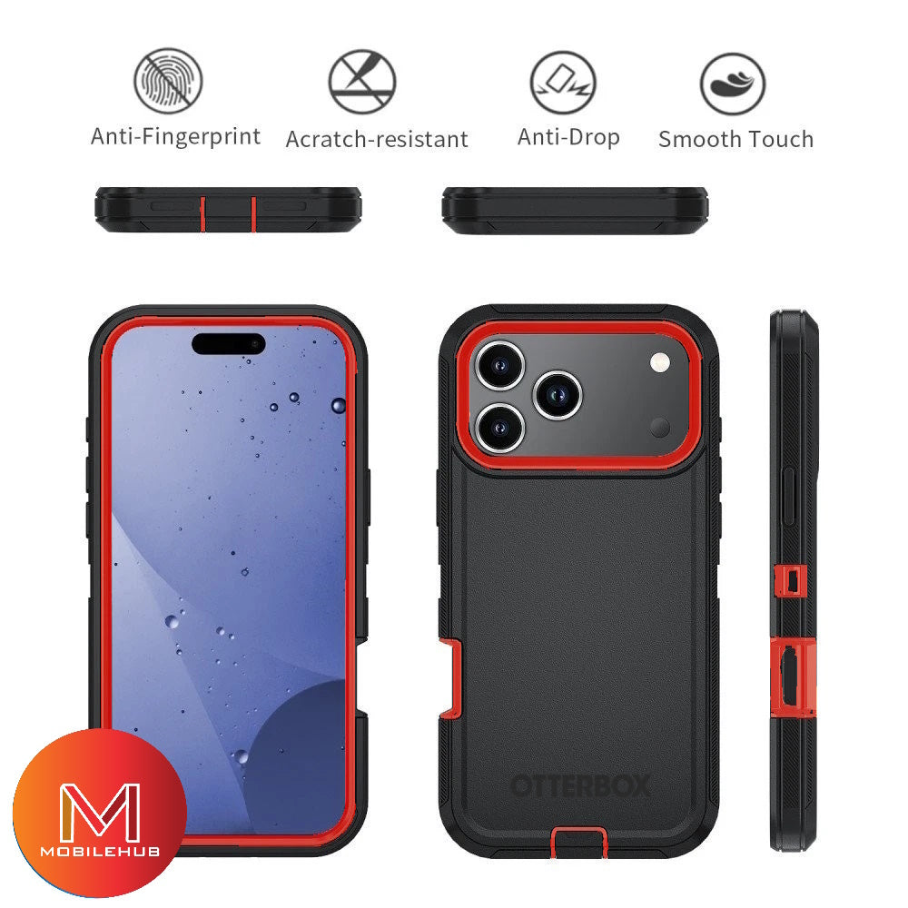 iPhone 17 / 17 Air / 17 Pro / 17 Pro Max Defender OtterBox Shockproof Case With Belt Clip Holster (Black / Orange)
