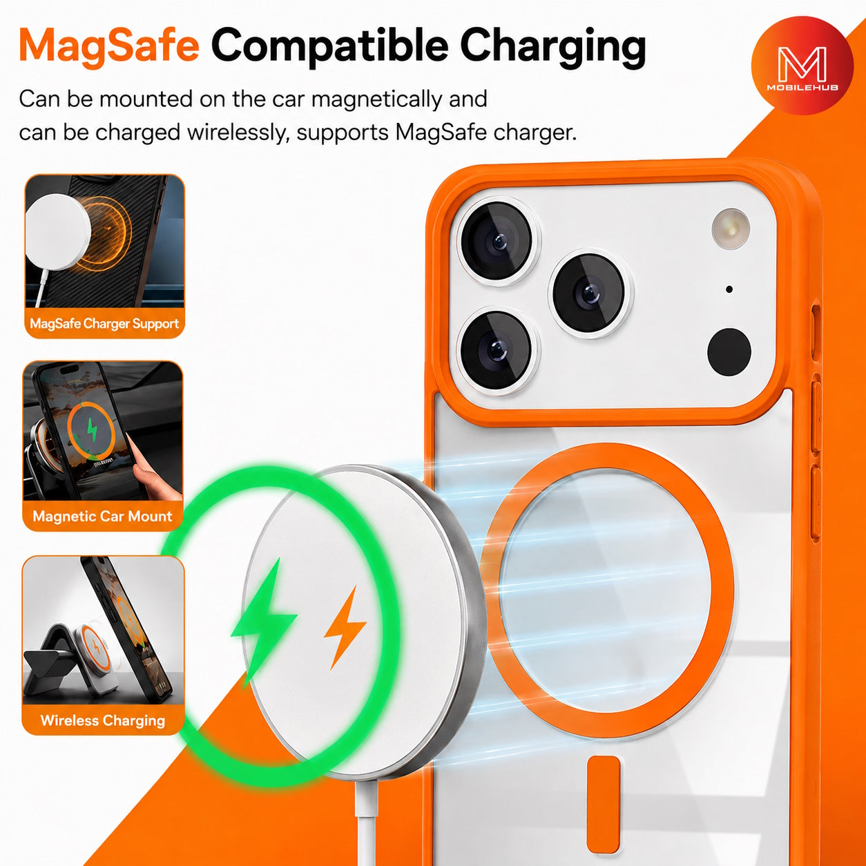 iPhone 17 Air / 17 Pro / 17 Pro Max Clear Magnetic Shockproof Case (Orange)