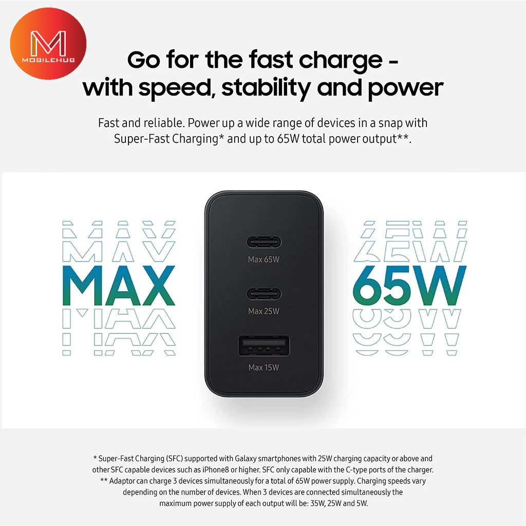 3 in 1 Power Adapter Trio Charger USB- C x 2 Ports, USB- A Port FREE Type-C to Type-C Cable (9w) (65w)