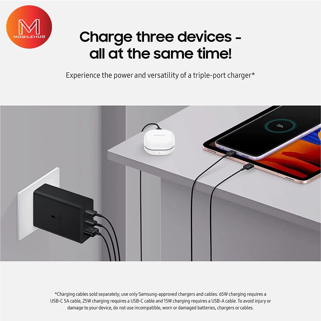 3 in 1 Power Adapter Trio Charger USB- C x 2 Ports, USB- A Port FREE Type-C to Type-C Cable (9w) (65w)