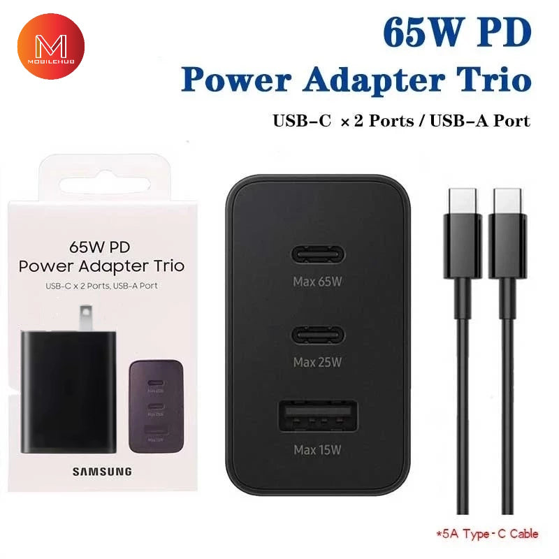 3 in 1 Power Adapter Trio Charger USB- C x 2 Ports, USB- A Port FREE Type-C to Type-C Cable (9w) (65w)