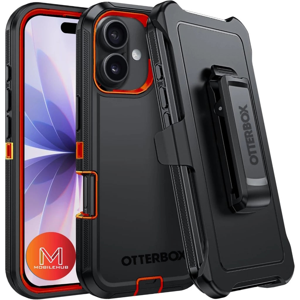 iPhone 17 / 17 Air / 17 Pro / 17 Pro Max Defender OtterBox Shockproof Case With Belt Clip Holster (Black / Orange)