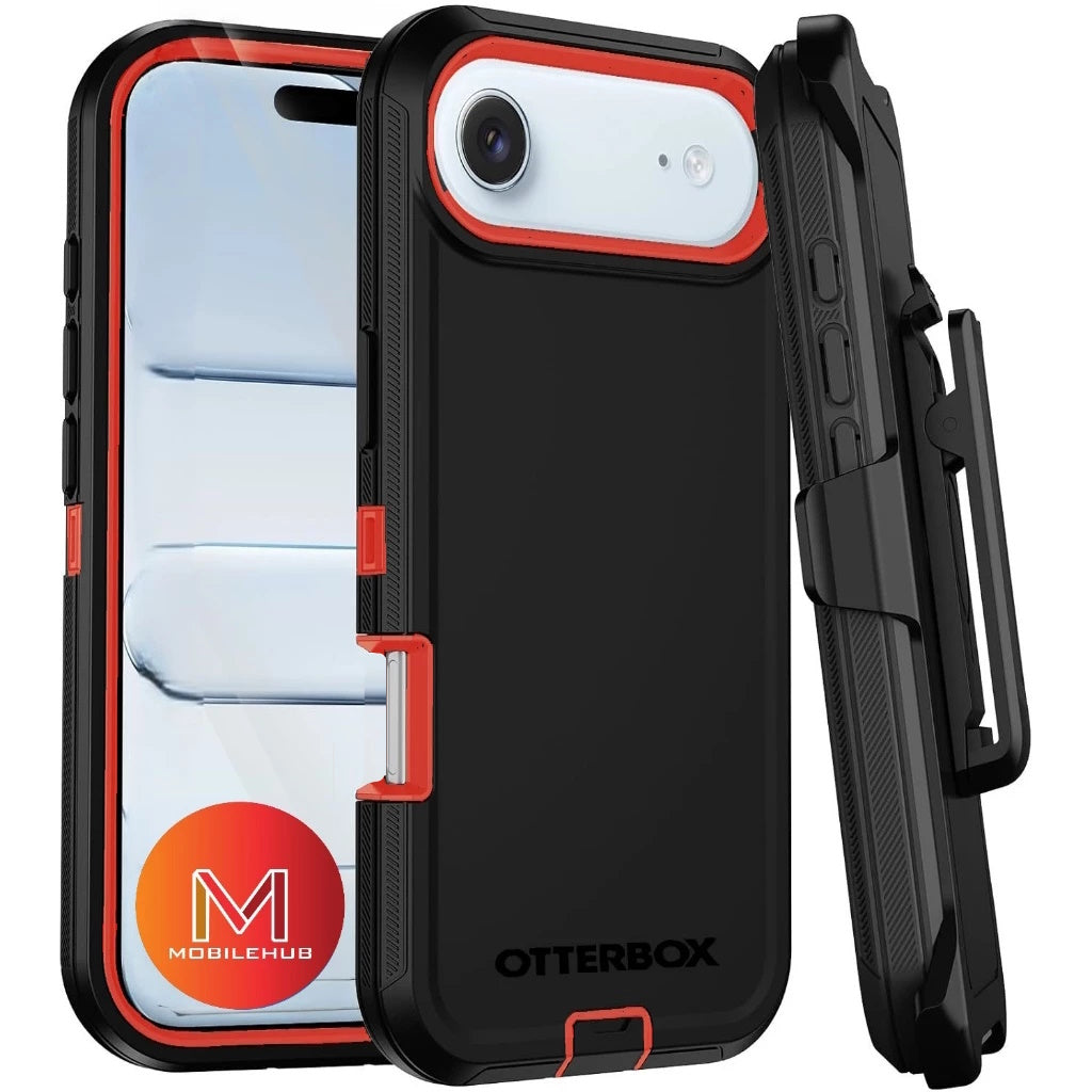iPhone 17 / 17 Air / 17 Pro / 17 Pro Max Defender OtterBox Shockproof Case With Belt Clip Holster (Black / Orange)