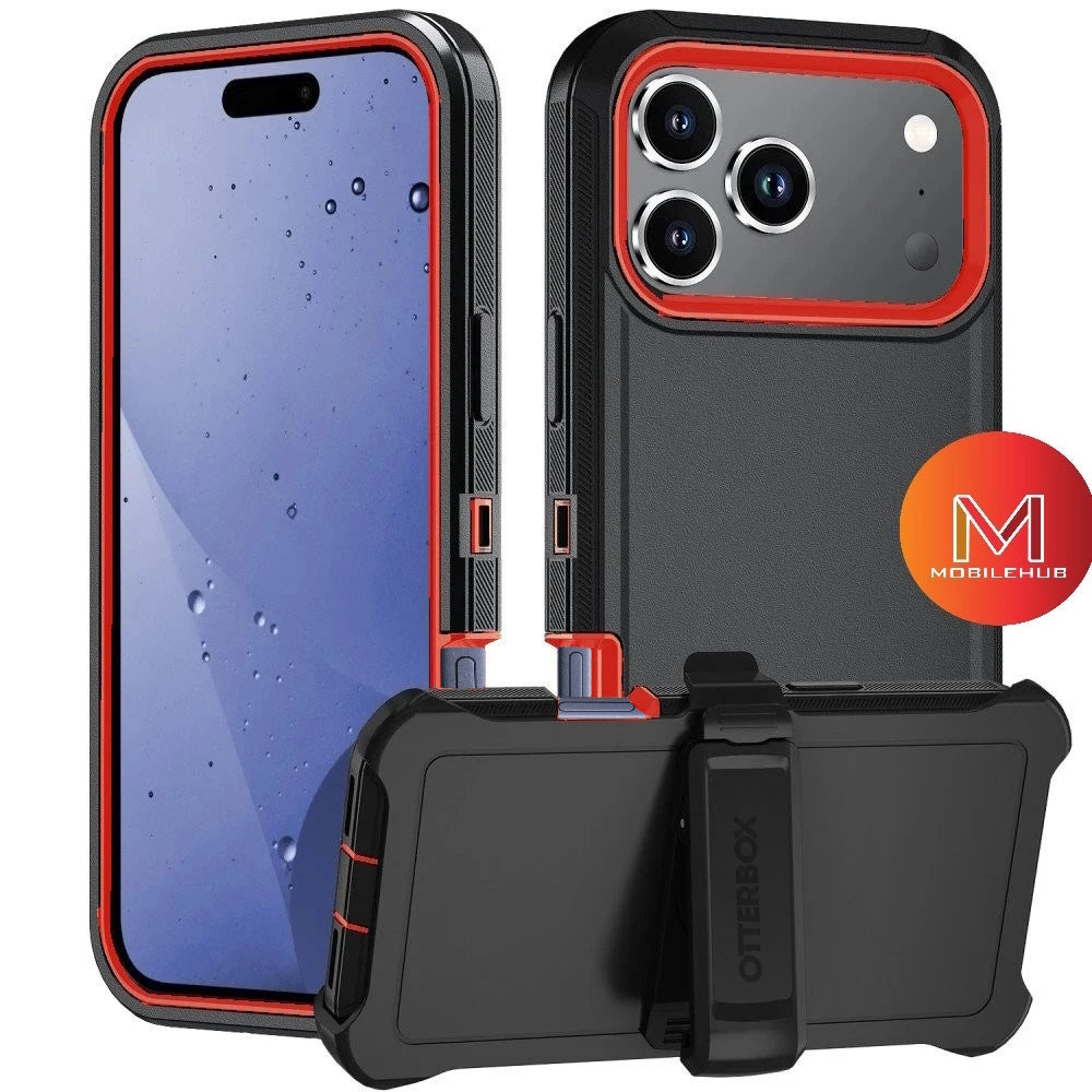 iPhone 17 / 17 Air / 17 Pro / 17 Pro Max Defender OtterBox Shockproof Case With Belt Clip Holster (Black / Orange)