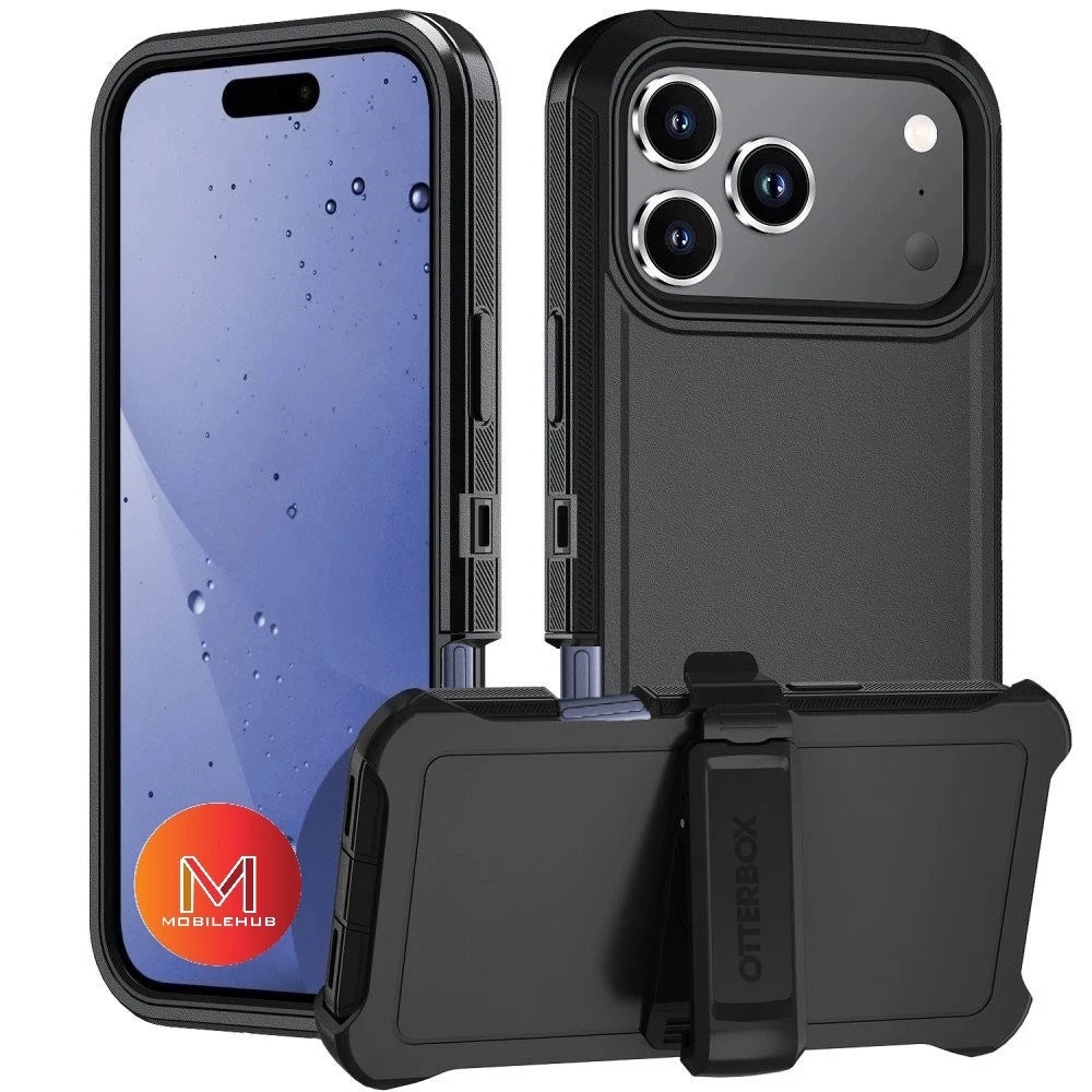 iPhone 17 / 17 Air / 17 Pro / 17 Pro Max Defender OtterBox Shockproof Case With Belt Clip Holster (Black / Orange)