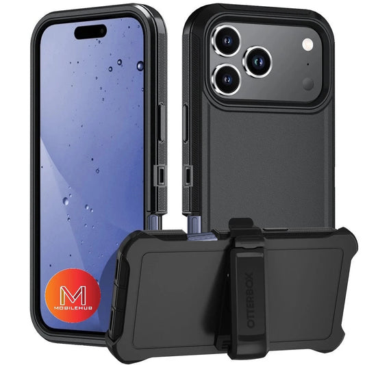 iPhone 17 / 17 Air / 17 Pro / 17 Pro Max Defender OtterBox Shockproof Case With Belt Clip Holster (Black / Orange)