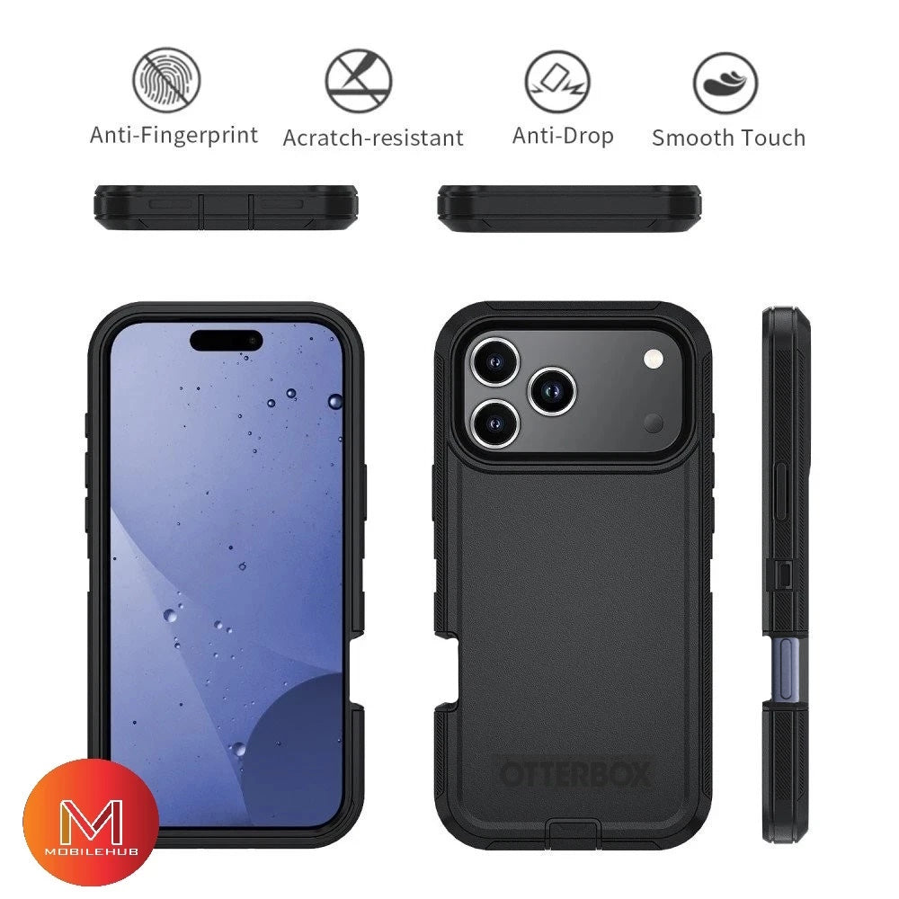 iPhone 17 / 17 Air / 17 Pro / 17 Pro Max Defender OtterBox Shockproof Case With Belt Clip Holster (Black / Orange)