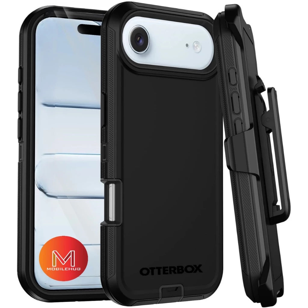 iPhone 17 / 17 Air / 17 Pro / 17 Pro Max Defender OtterBox Shockproof Case With Belt Clip Holster (Black / Orange)
