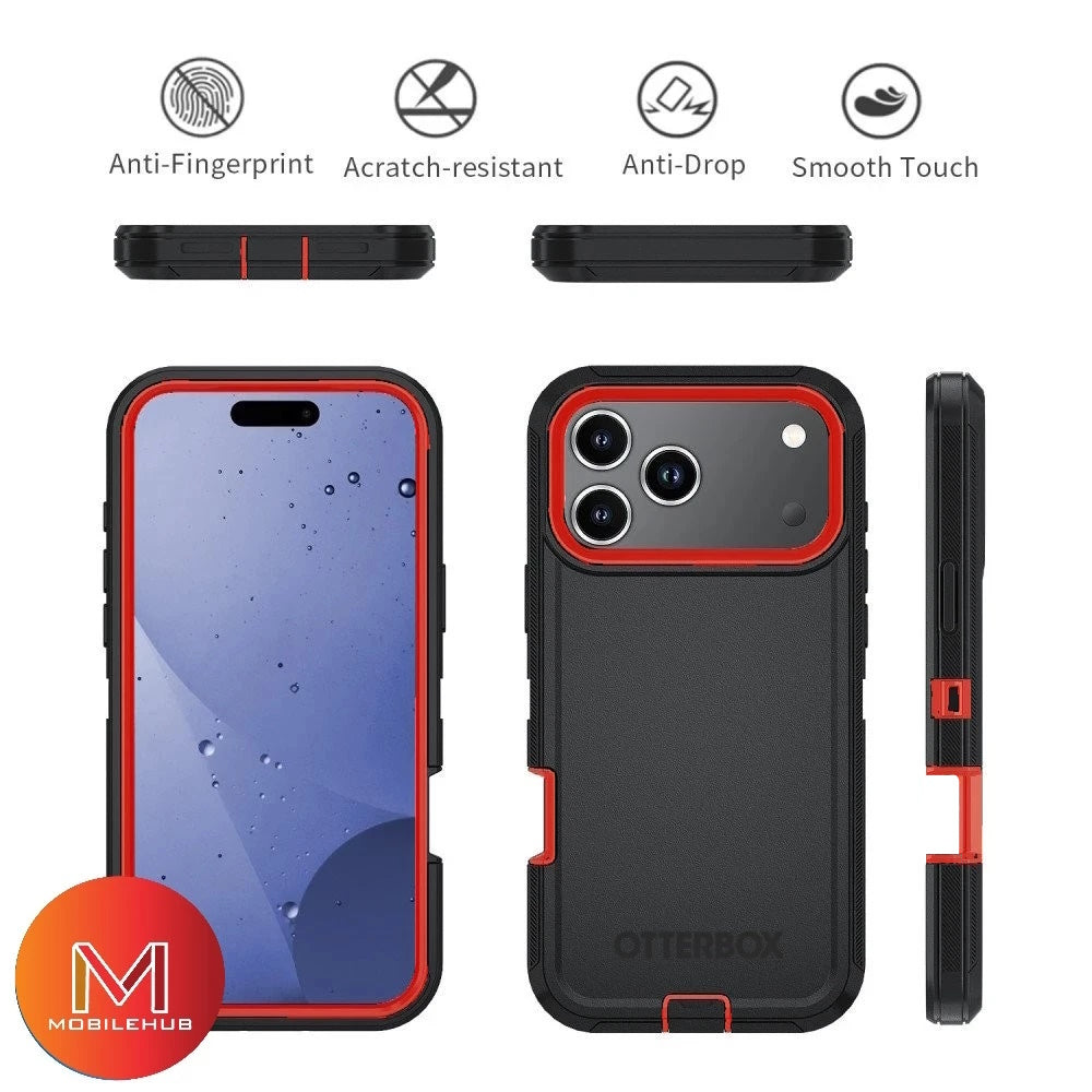 iPhone 17 / 17 Air / 17 Pro / 17 Pro Max Defender OtterBox Shockproof Case With Belt Clip Holster (Black / Orange)