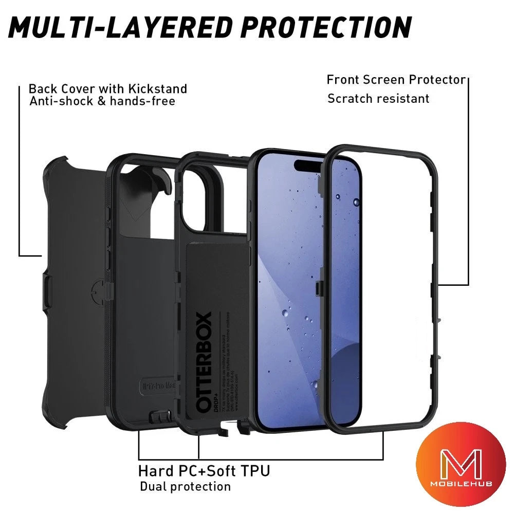 iPhone 17 / 17 Air / 17 Pro / 17 Pro Max Defender OtterBox Shockproof Case With Belt Clip Holster (Black / Orange)